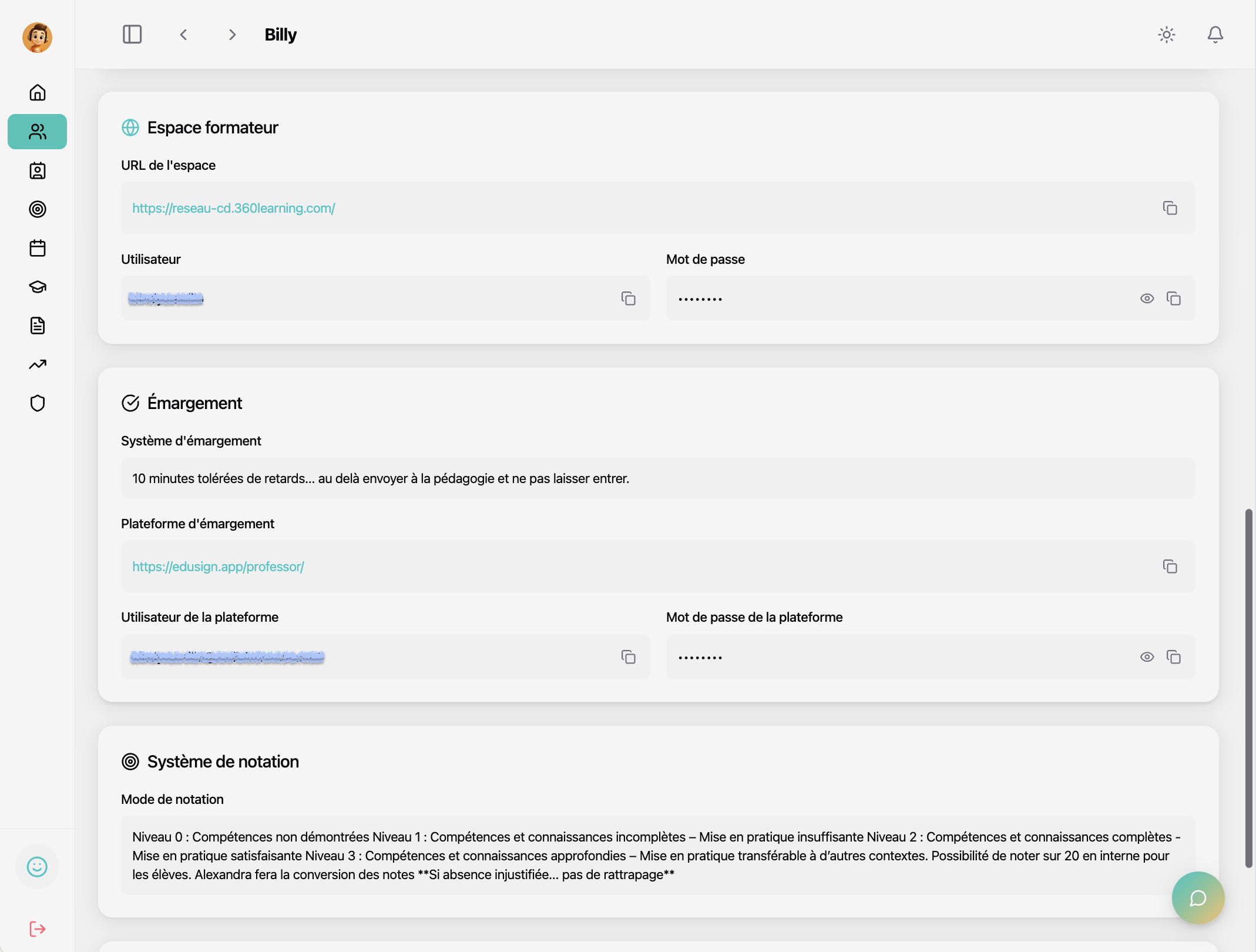 Capture Billy : fiche École avec onglets Infos pour sauvegarder les plateformes et accès (centralisation par établissement)