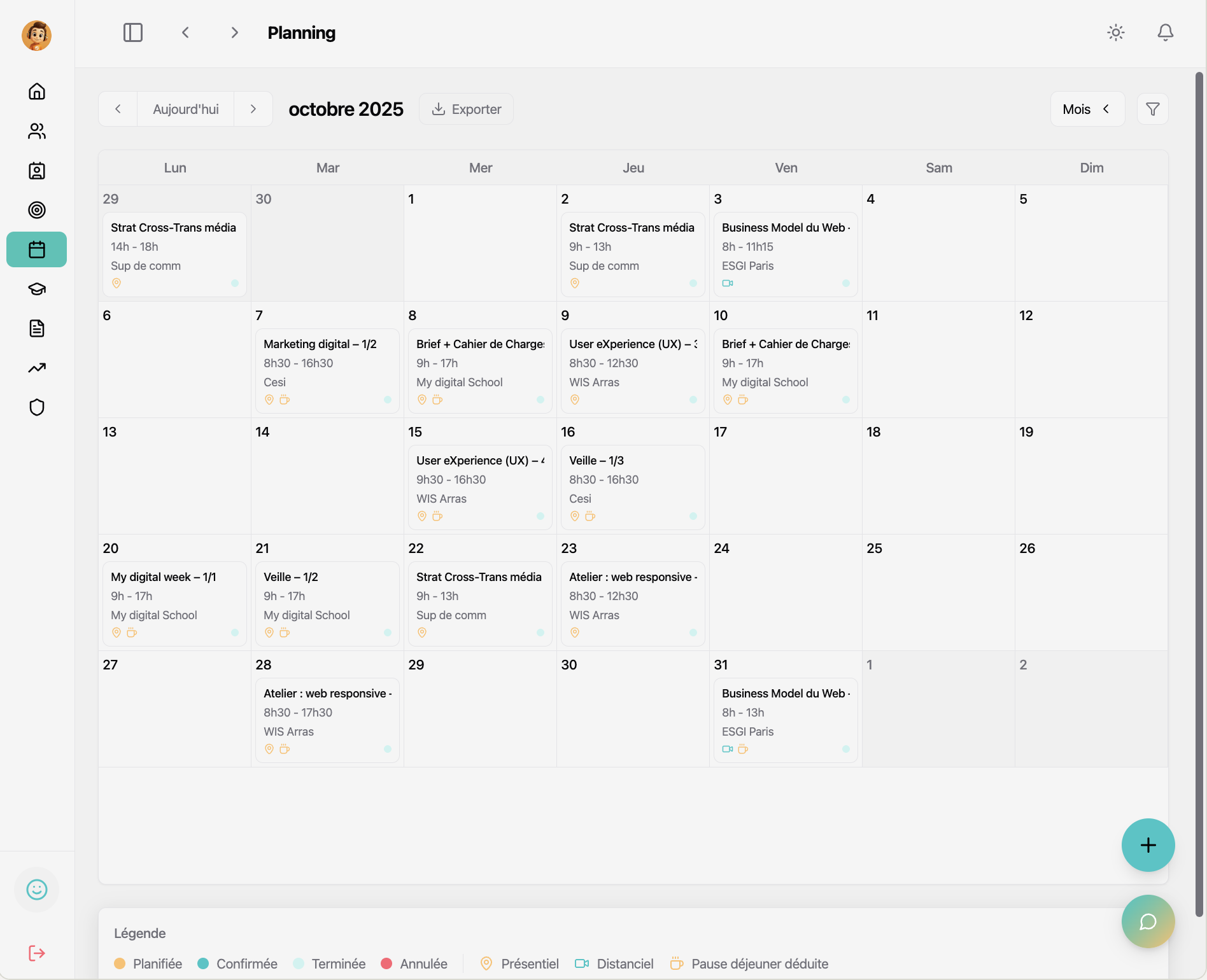 Interface Billy – outil de gestion pour formateur indépendant (planning unifié)