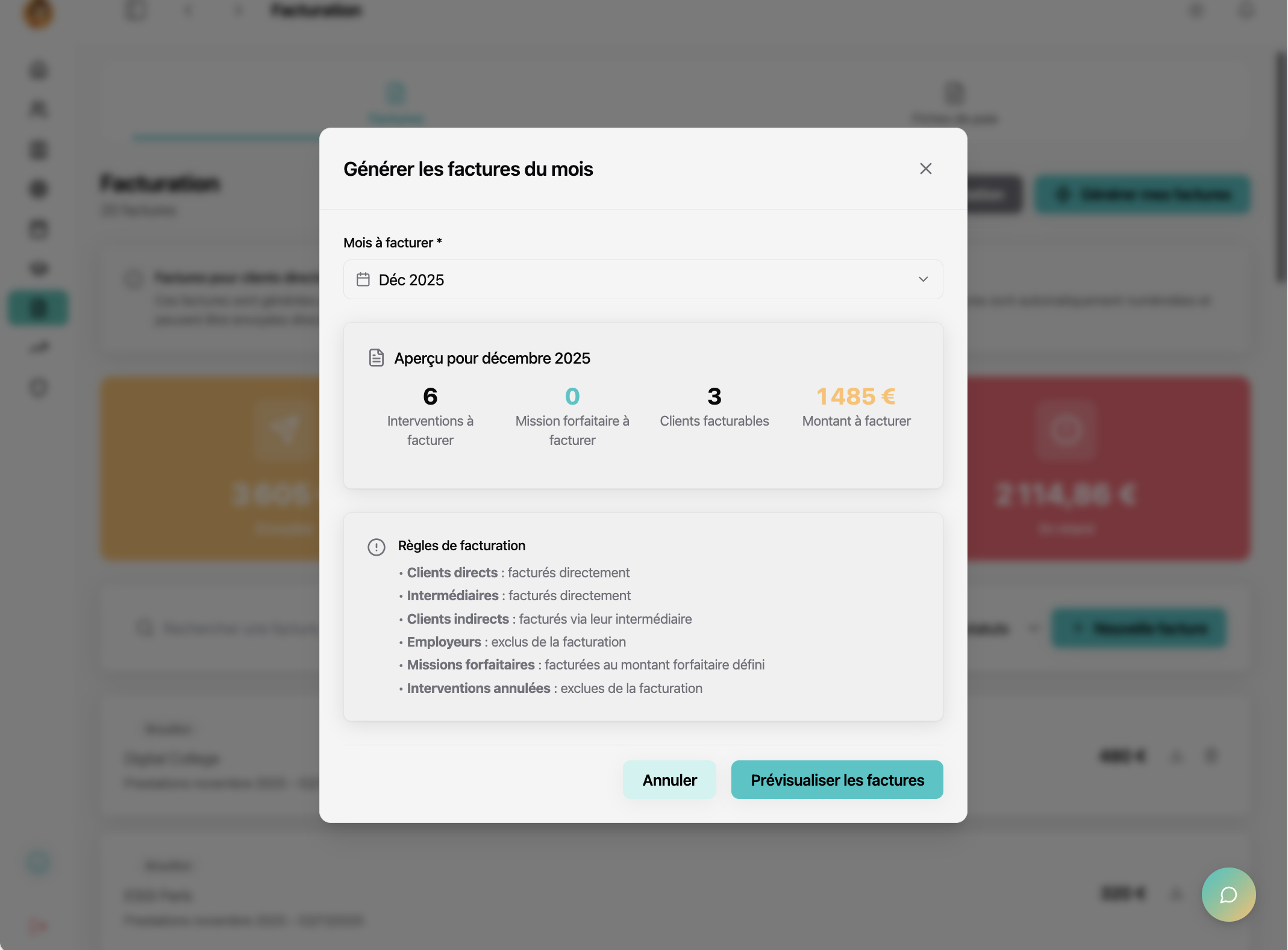 Capture Billy : fenêtre Générer mes factures du mois (facturation en 1 clic)