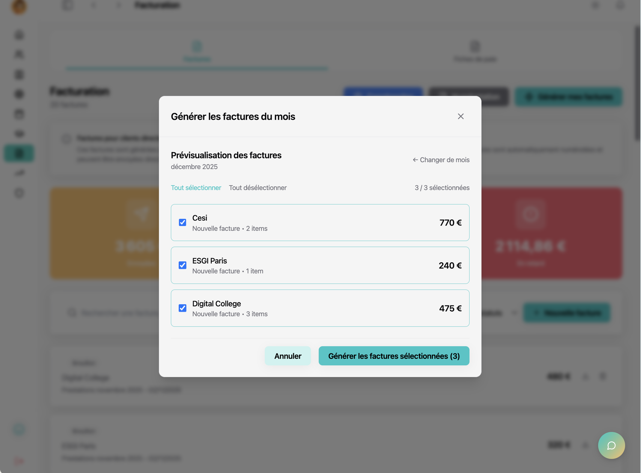 Capture Billy : fenêtre Générer mes factures du mois (facturation en 1 clic)