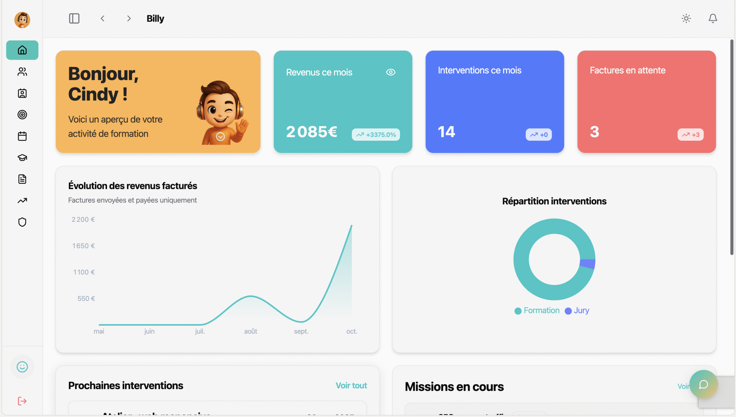 Interface Billy — outil tout-en-un pour formateur indépendant (planning + facturation 1 clic)